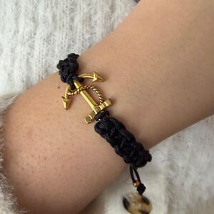 Black Braided Cord Anchor Bracelet Gold Tone Nautical Adjustable Rope